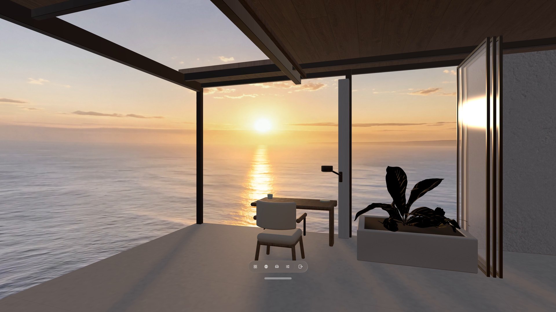 Winter Garden at sunset over the sea, with a desk and chair inside